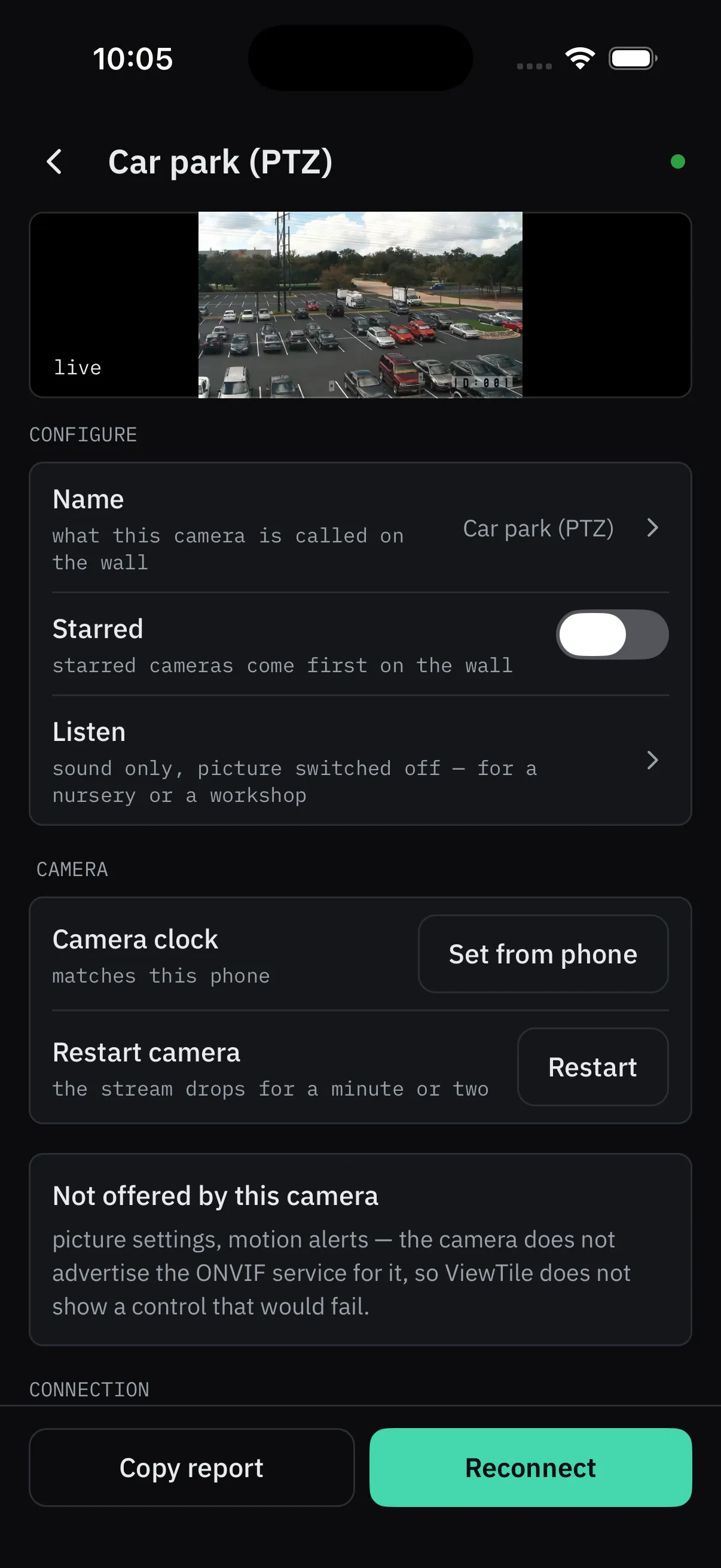 A camera’s settings screen: live preview, name, starred, listen, the camera clock with Set from phone, Restart camera, and a box listing what this camera does not offer.